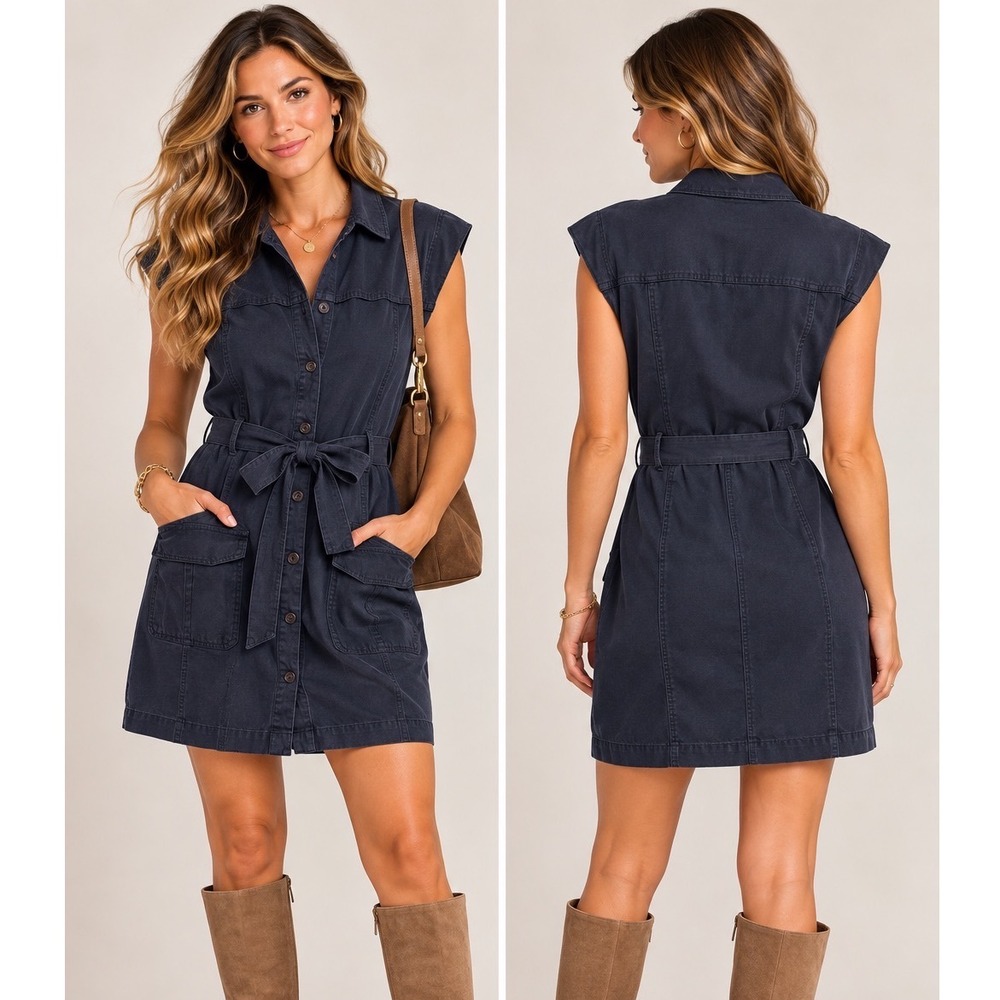 YFB Womens S Navy Tencel Utility Shirt Dress Belted Pockets Safari Casual Mini